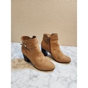 Lauren Conrad Women's Tan Suede Chunky Heel Zip Up Straps Ankle Boots‎ Size 9